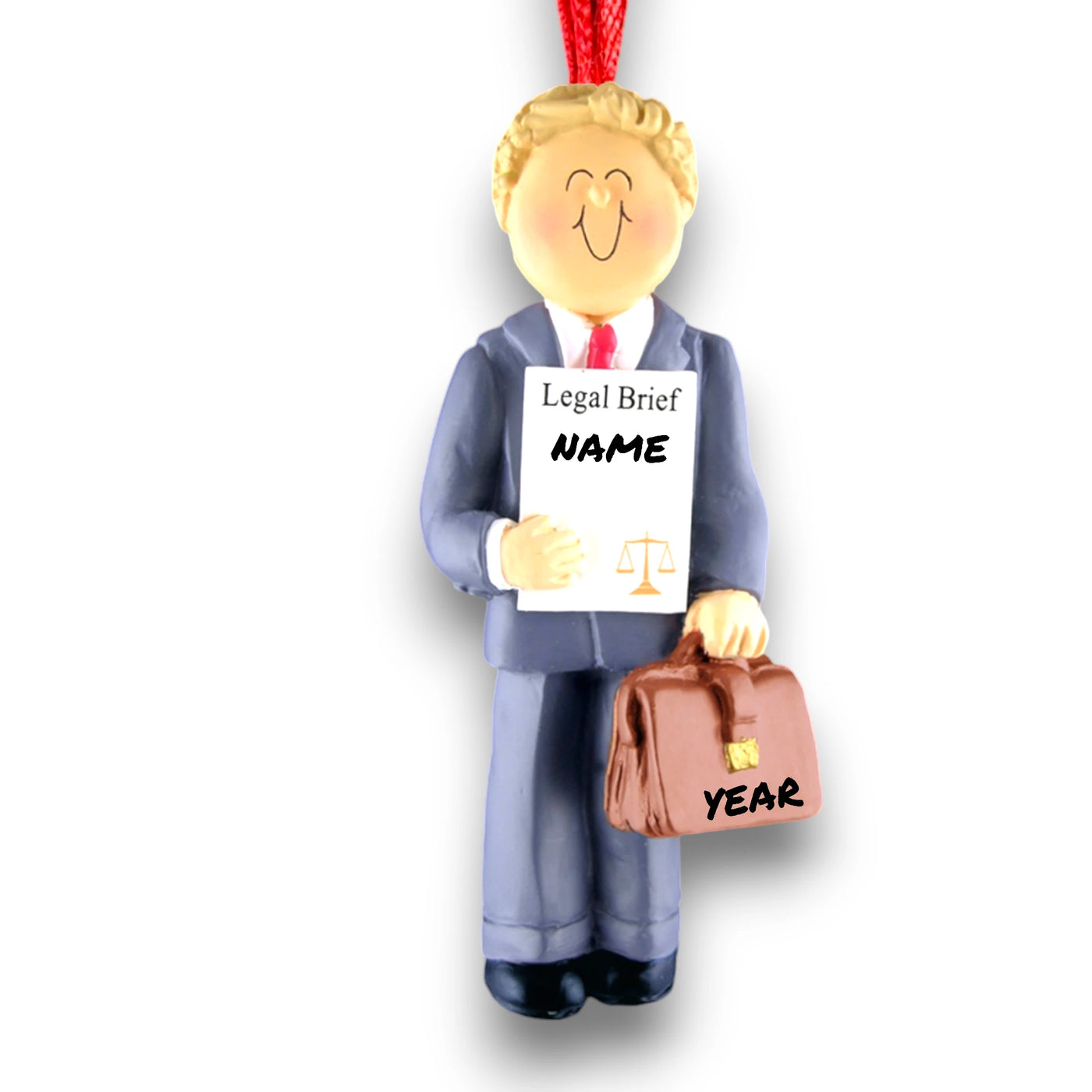 Personalized Blonde Male Lawyer Christmas Ornament with Briefcase and Legal Brief – Custom Name and Year Resin Ornament