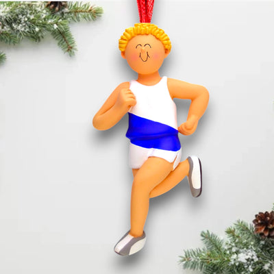 Personalized Blonde Male Runner Ornament with Custom Name, Sport, and Year – Resin Christmas Ornament