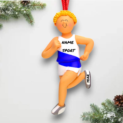 Personalized Blonde Male Runner Ornament with Custom Name, Sport, and Year – Resin Christmas Ornament