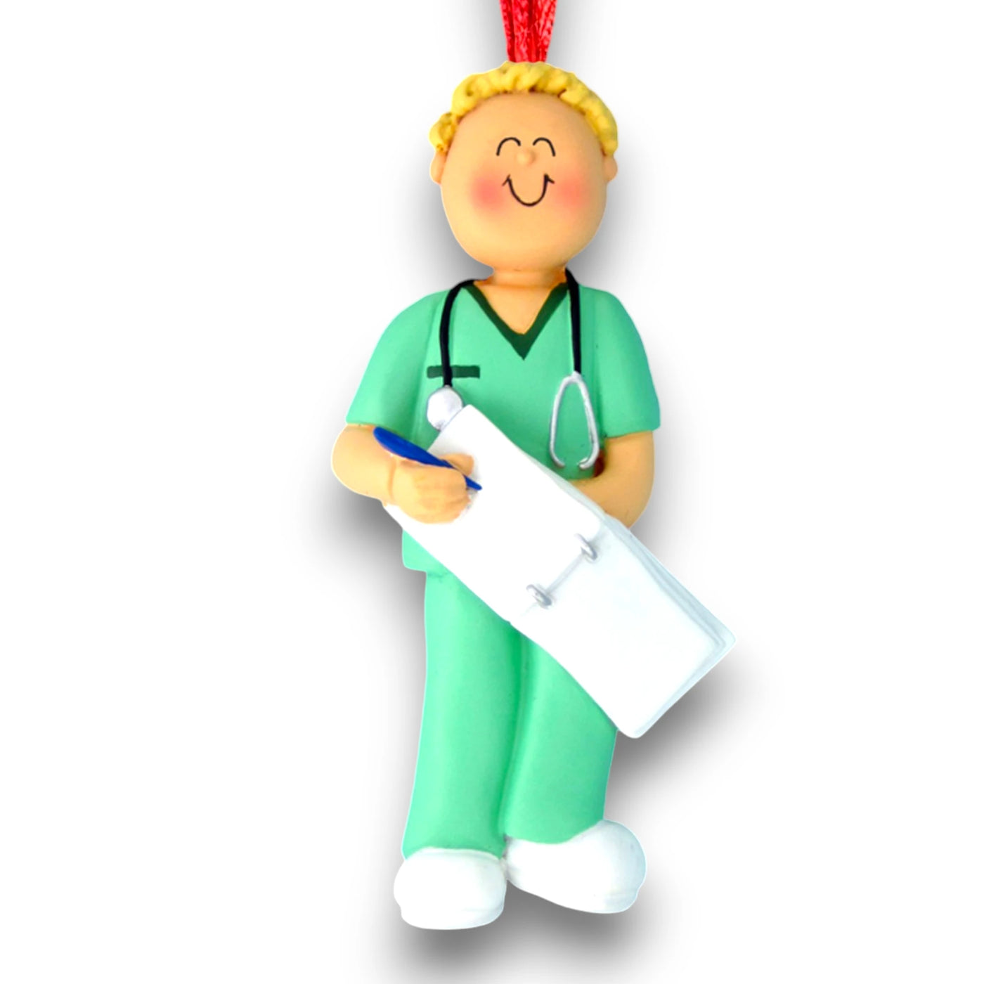 Personalized Blonde Male Nurse Ornament in Green Scrubs with Clipboard – Custom Name and Year Resin Ornament