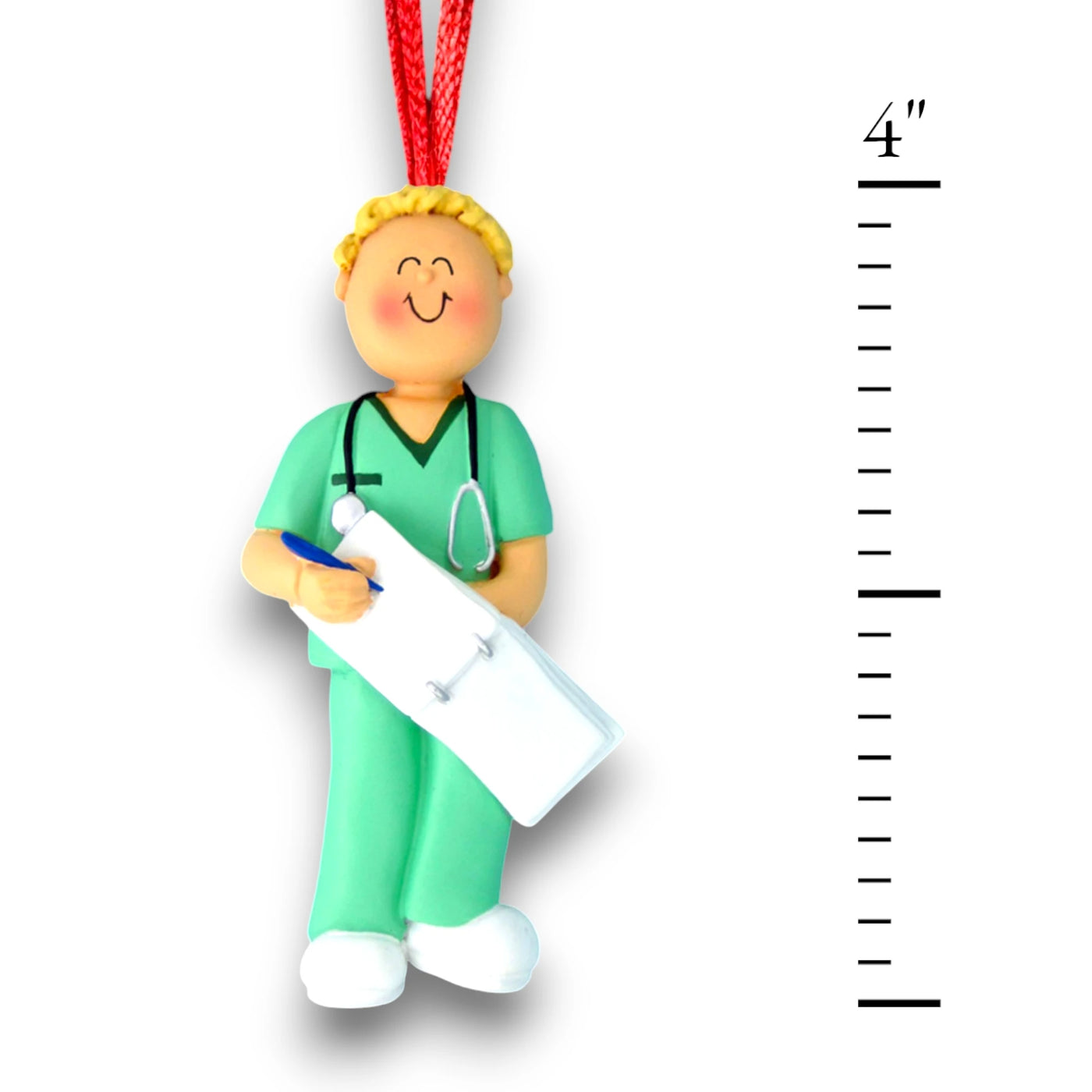 Personalized Blonde Male Nurse Ornament in Green Scrubs with Clipboard – Custom Name and Year Resin Ornament