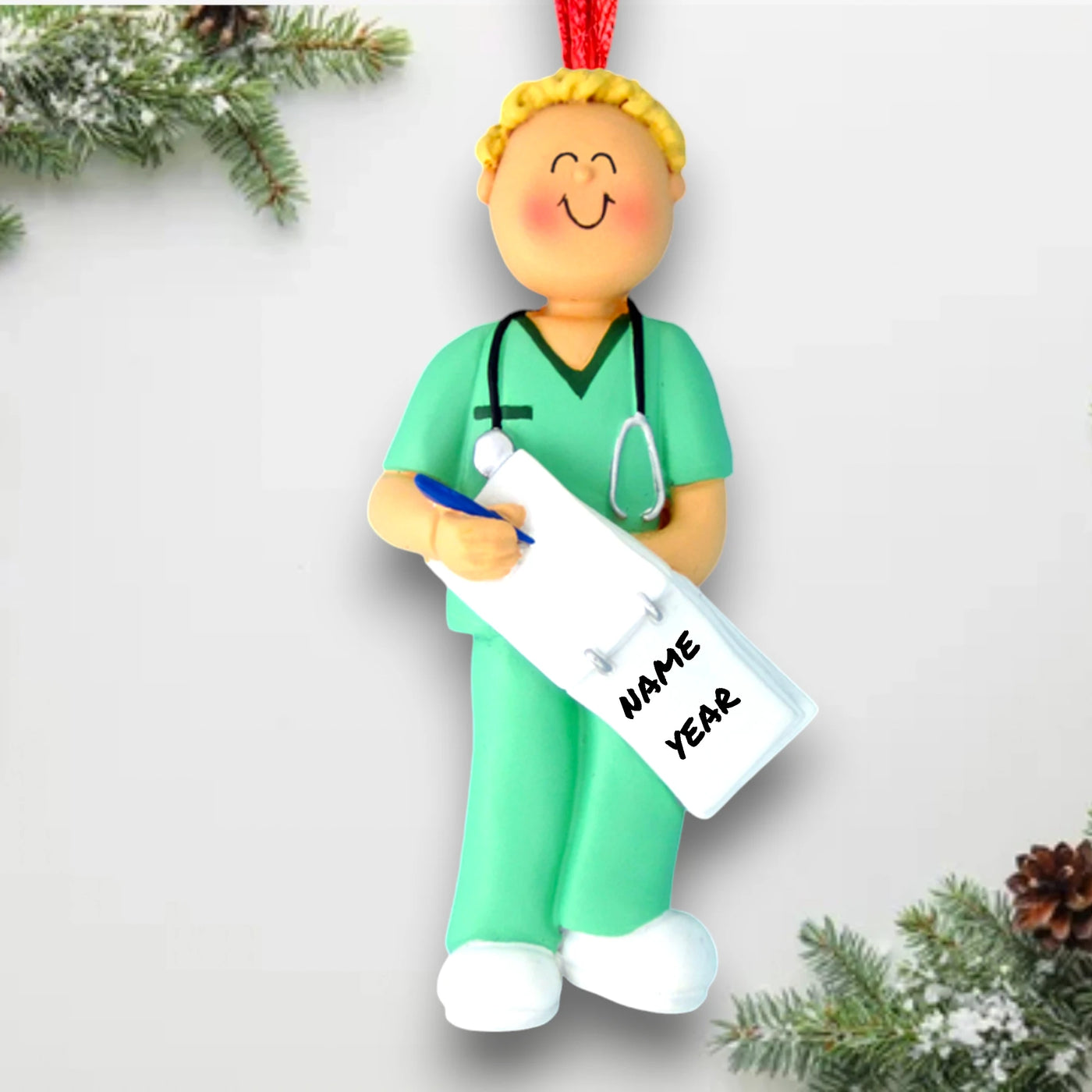 Personalized Blonde Male Nurse Ornament in Green Scrubs with Clipboard – Custom Name and Year Resin Ornament