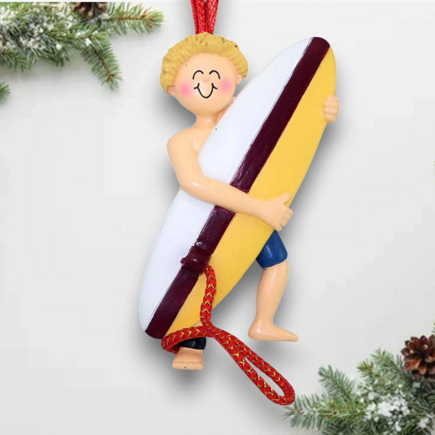 Personalized Blonde Male Surfer Ornament with Name, Year, and Message – Yellow Surfboard Resin Christmas Ornament.