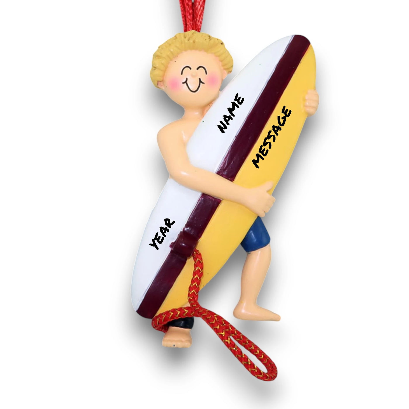 Personalized Blonde Male Surfer Ornament with Name, Year, and Message – Yellow Surfboard Resin Christmas Ornament.