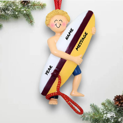 Personalized Blonde Male Surfer Ornament with Name, Year, and Message – Yellow Surfboard Resin Christmas Ornament.