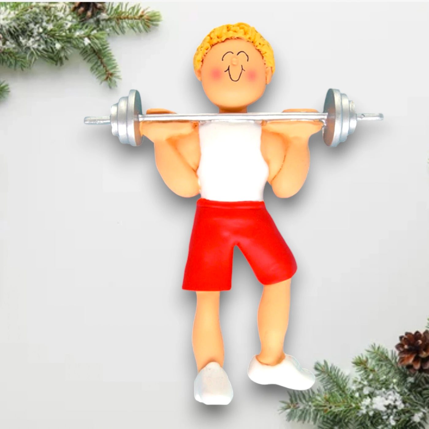 Personalized Blonde Male Weight Lifter Ornament with Custom Name and Year – Resin Christmas Ornament