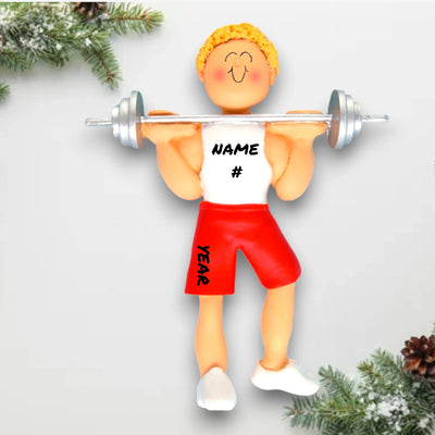 Personalized Blonde Male Weight Lifter Ornament with Custom Name and Year – Resin Christmas Ornament