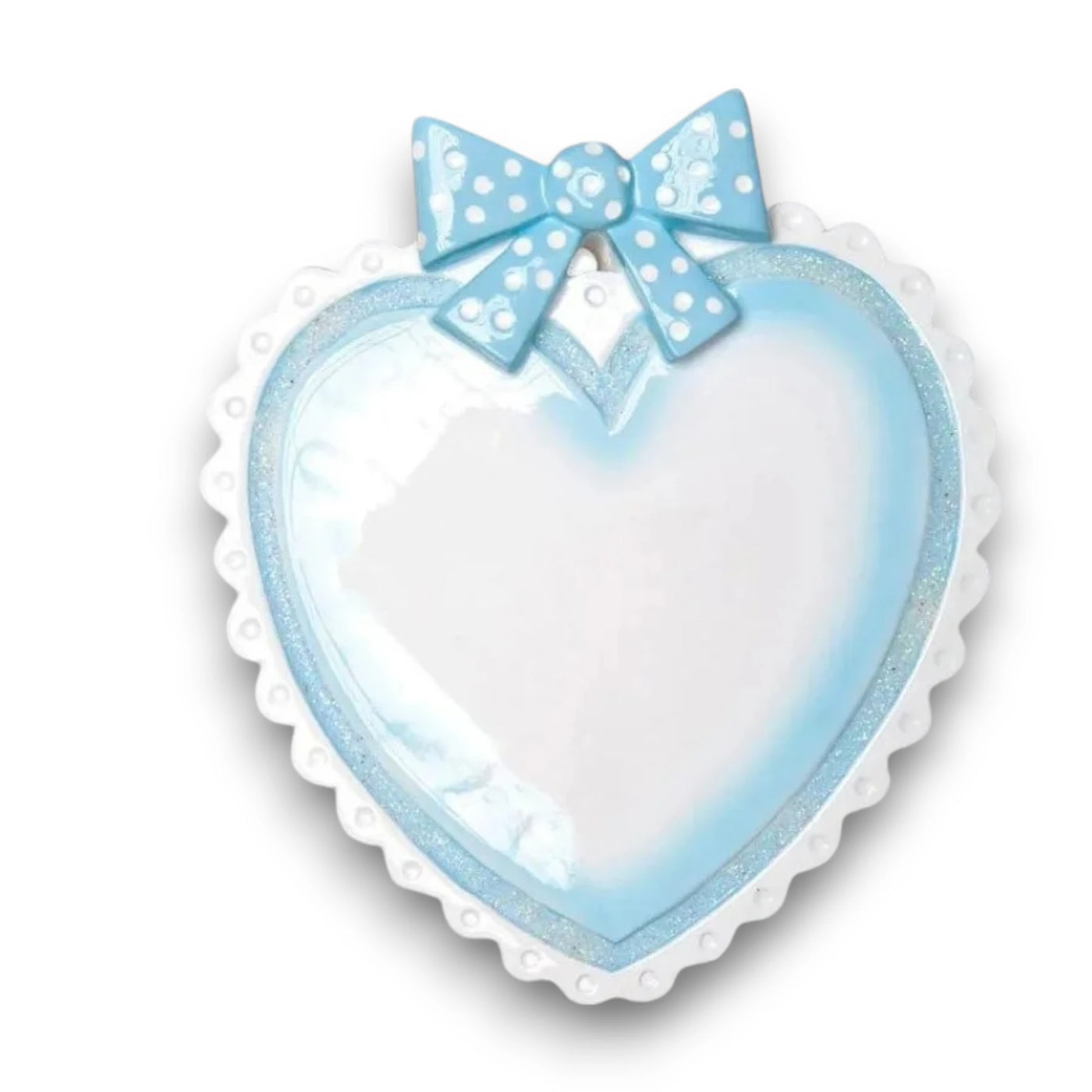 Personalized Blue Baby Heart Christmas Ornament with customizable name and year, adorned with a blue polka-dot bow.