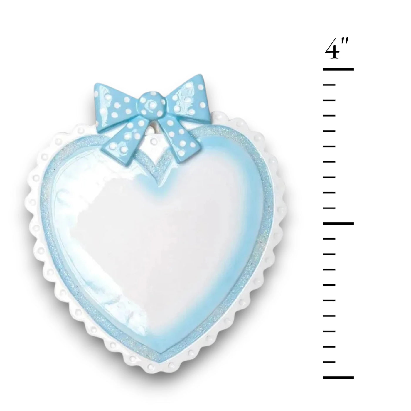 Personalized Blue Baby Heart Christmas Ornament with customizable name and year, adorned with a blue polka-dot bow.