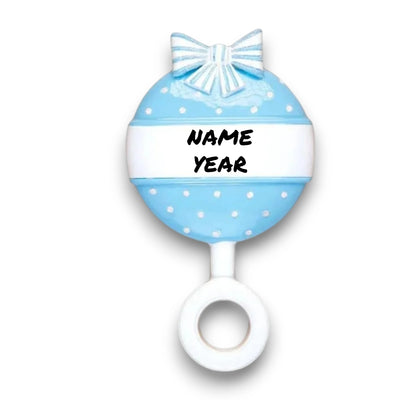 Personalized Blue Baby Rattle Christmas Ornament with customizable name and year, decorated with polka dots and a bow.