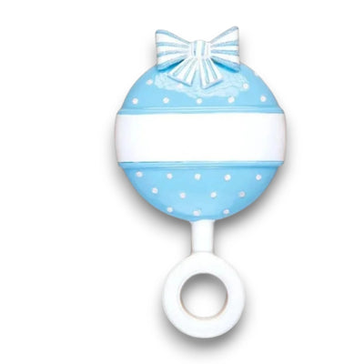 Personalized Blue Baby Rattle Christmas Ornament with customizable name and year, decorated with polka dots and a bow.