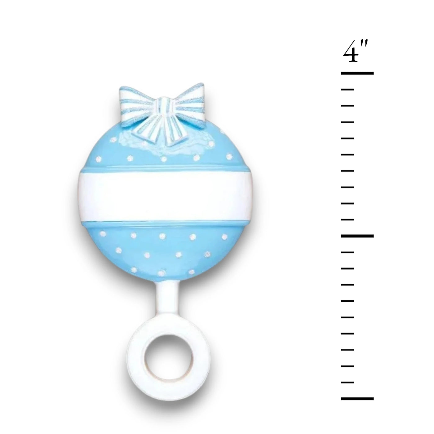 Personalized Blue Baby Rattle Christmas Ornament with customizable name and year, decorated with polka dots and a bow.