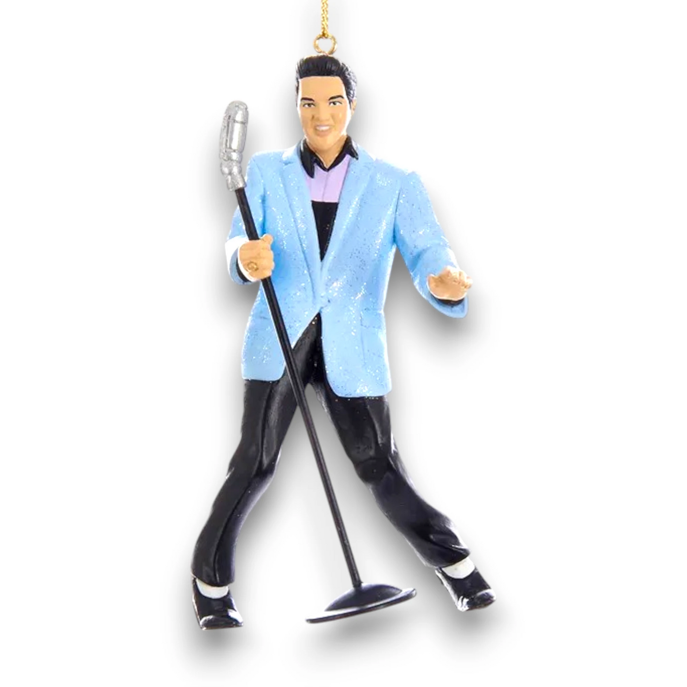 Personalized Blue Suit Hound Dog Elvis Christmas Ornament featuring Elvis Presley in a blue suit with a vintage microphone.

