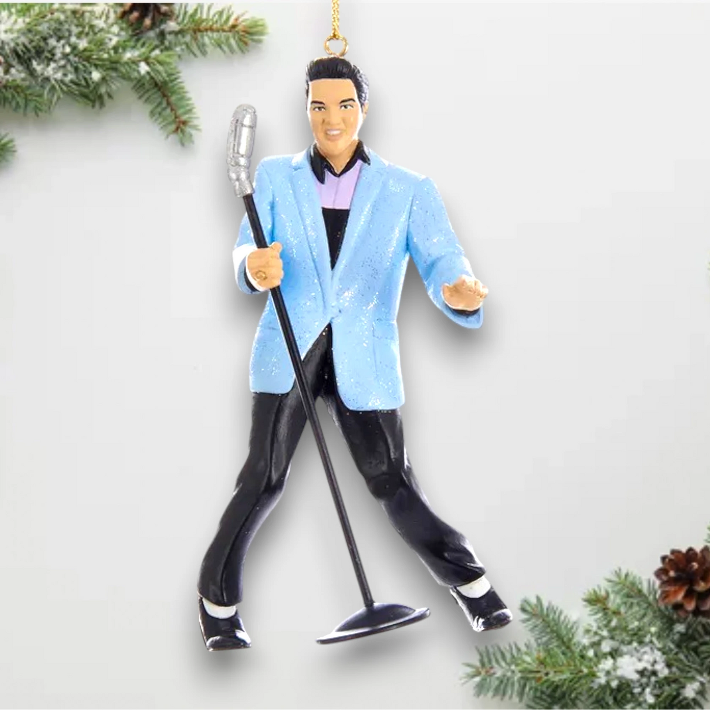 Personalized Blue Suit Hound Dog Elvis Christmas Ornament featuring Elvis Presley in a blue suit with a vintage microphone.
