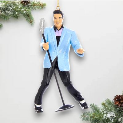 Personalized Blue Suit Hound Dog Elvis Christmas Ornament featuring Elvis Presley in a blue suit with a vintage microphone.
