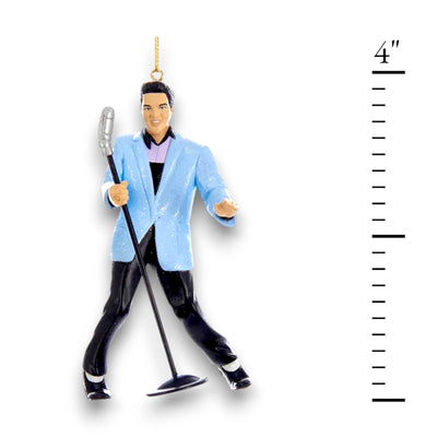 Personalized Blue Suit Hound Dog Elvis Christmas Ornament featuring Elvis Presley in a blue suit with a vintage microphone.
