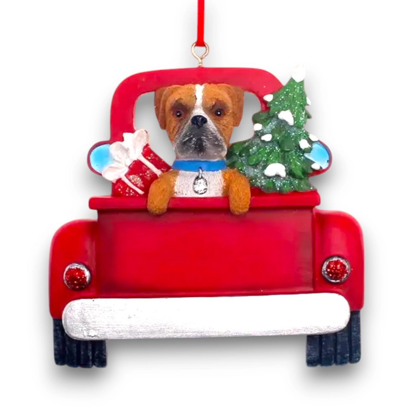 Personalized Boxer In Back Of Truck Christmas Ornament featuring a Boxer, festive Christmas tree, and holiday gifts in a red truck with customizable name and year.
