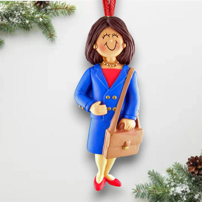 Personalized Brown Female Business Christmas Ornament in Blue Suit – Custom Name and Year Resin Ornament