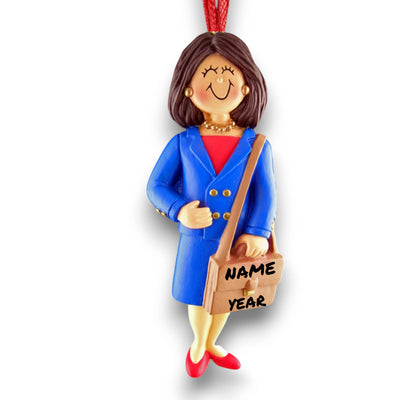 Personalized Brown Female Business Christmas Ornament in Blue Suit – Custom Name and Year Resin Ornament