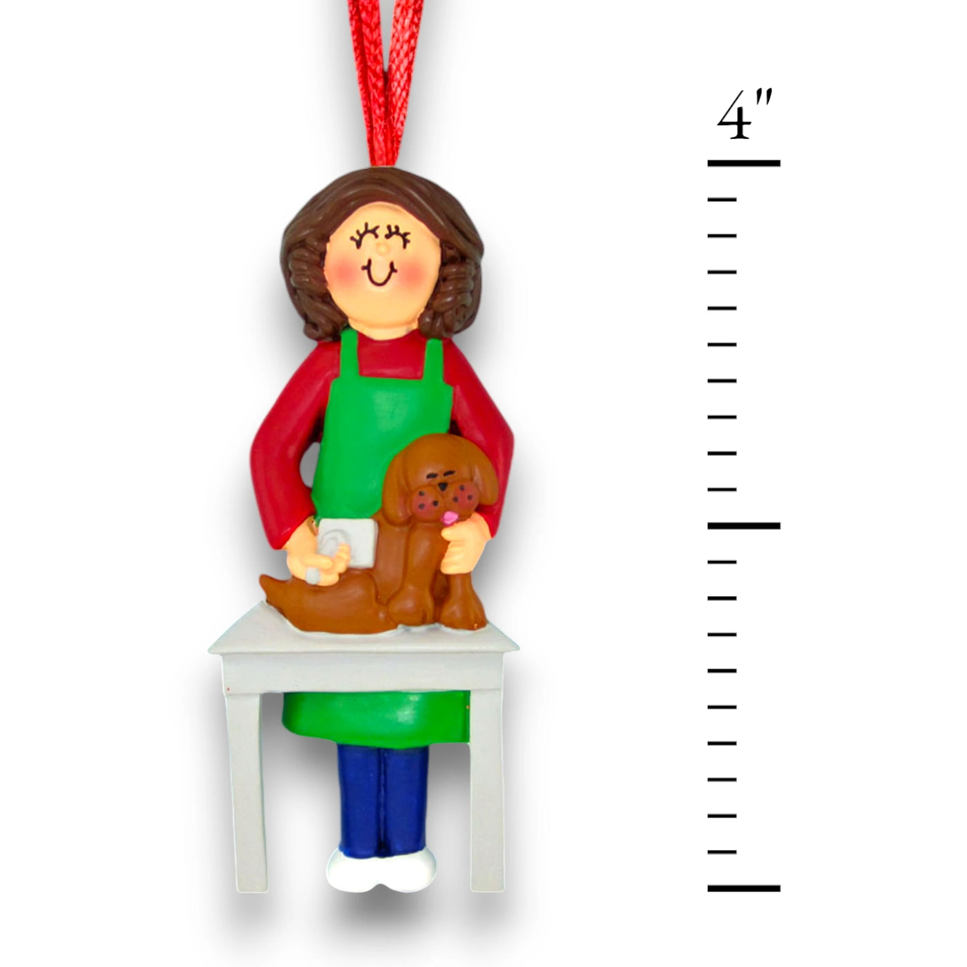 Personalized Brown Female Dog Groomer Christmas Ornament with Grooming Table – Custom Name and Year Resin Ornament

