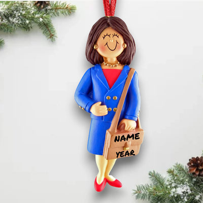 Personalized Brown Female Business Christmas Ornament in Blue Suit – Custom Name and Year Resin Ornament