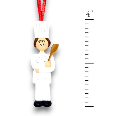 Personalized Brown Female Chef Christmas Ornament in White Uniform – Custom Name and Year Resin Ornament

