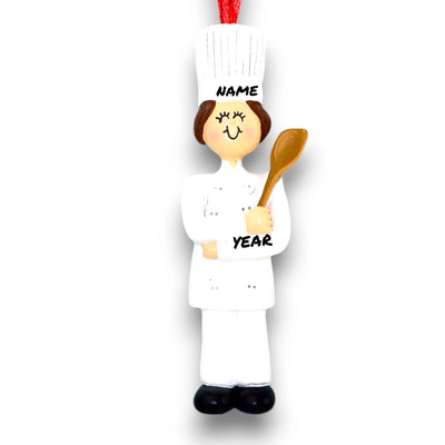 Personalized Brown Female Chef Christmas Ornament in White Uniform – Custom Name and Year Resin Ornament

