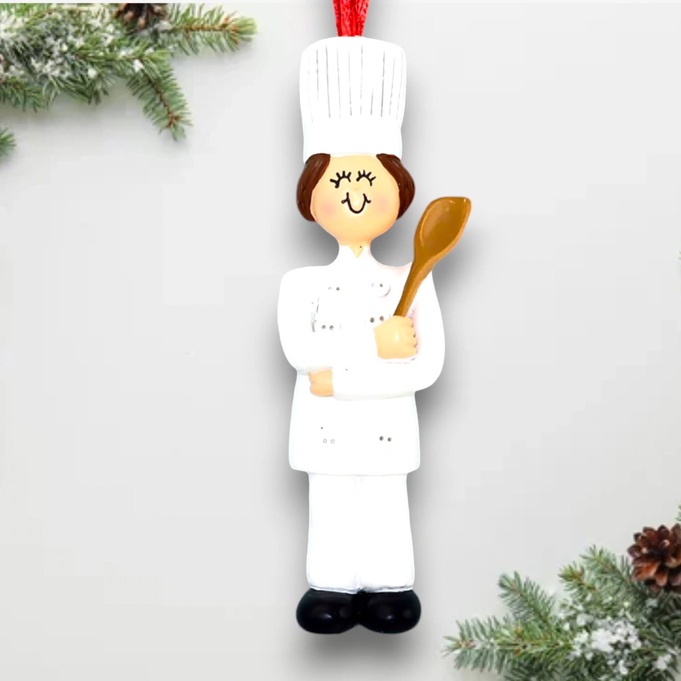 Personalized Brown Female Chef Christmas Ornament in White Uniform – Custom Name and Year Resin Ornament

