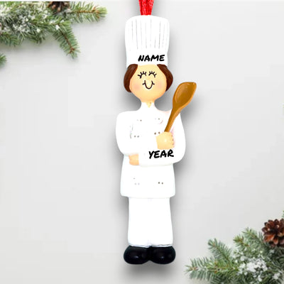 Personalized Brown Female Chef Christmas Ornament in White Uniform – Custom Name and Year Resin Ornament