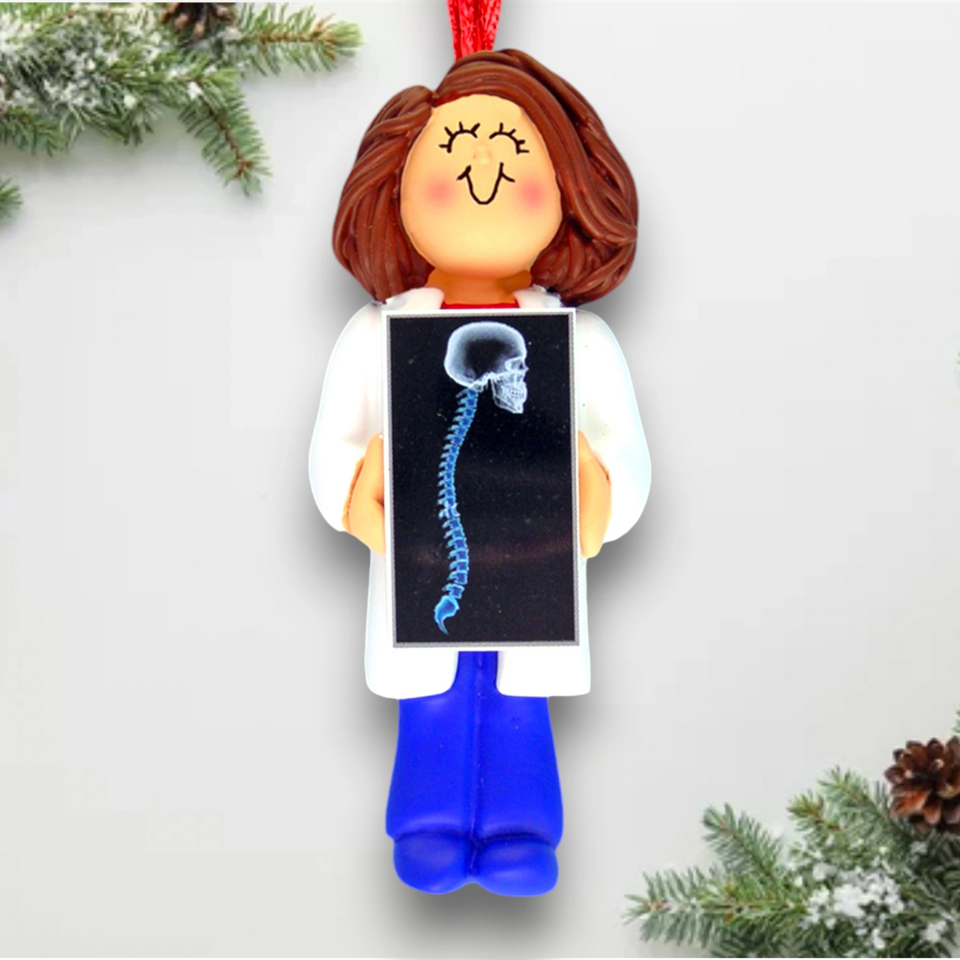 Personalized Brown Female Chiropractor Christmas Ornament holding X-ray – Custom Name and Year Resin Ornament

