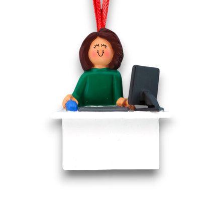 Personalized Brown Female Computer User Christmas Ornament at desk with computer – Custom Name and Year Resin Ornament