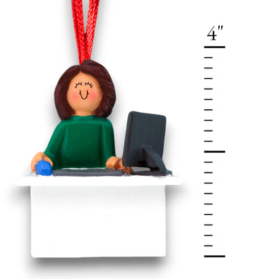 Personalized Brown Female Computer User Christmas Ornament at desk with computer – Custom Name and Year Resin Ornament