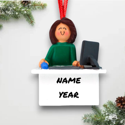 Personalized Brown Female Computer User Christmas Ornament at desk with computer – Custom Name and Year Resin Ornament