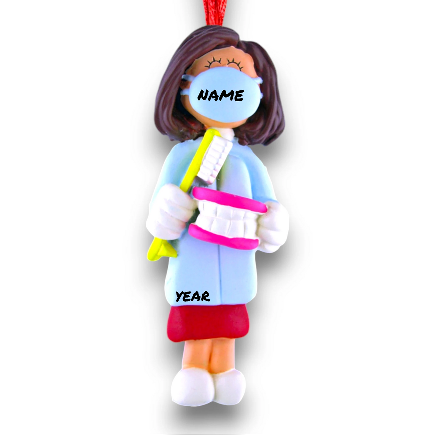 Personalized Brown Female Dental Christmas Ornament with Mask and Toothbrush – Custom Name and Year Resin Ornament

