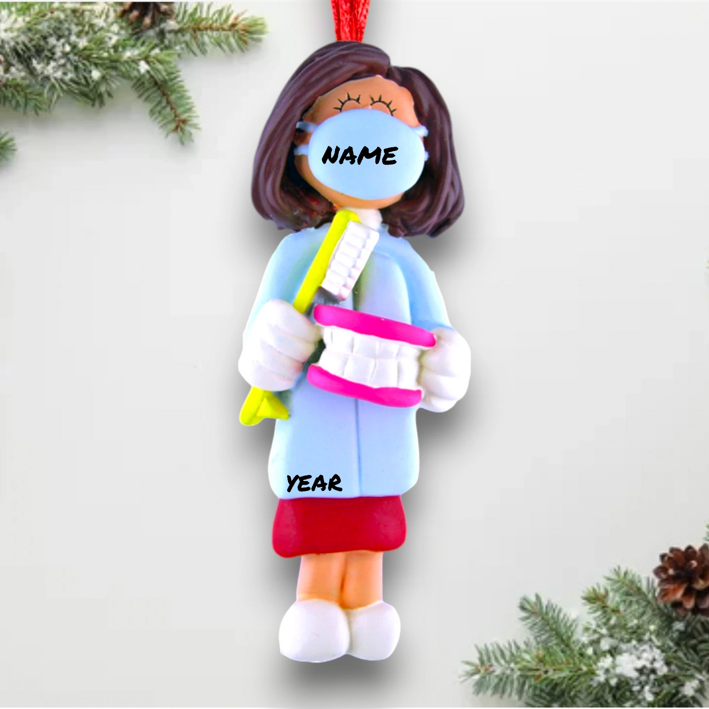 Personalized Brown Female Dental Christmas Ornament with Mask and Toothbrush – Custom Name and Year Resin Ornament

