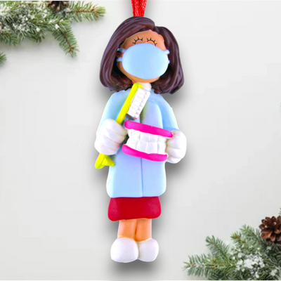 Personalized Brown Female Dental Christmas Ornament with Mask and Toothbrush – Custom Name and Year Resin Ornament

