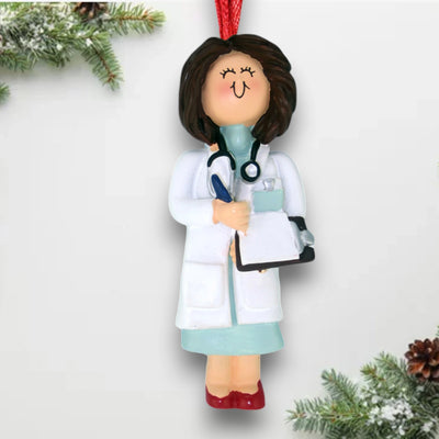 Personalized Brown Female Doctor Christmas Ornament with Stethoscope and Clipboard – Custom Name and Year Resin Ornament