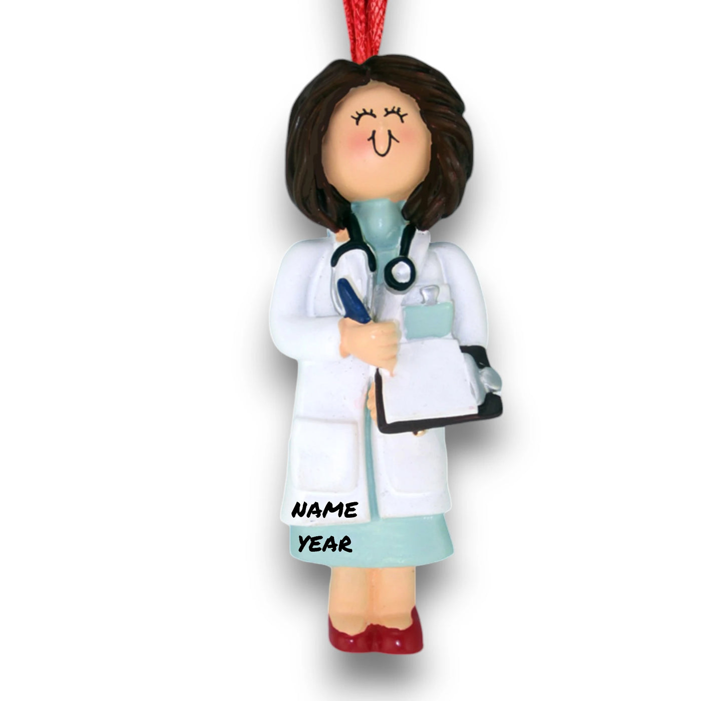 Personalized Brown Female Doctor Christmas Ornament with Stethoscope and Clipboard – Custom Name and Year Resin Ornament