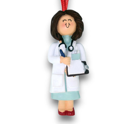 Personalized Brown Female Doctor Christmas Ornament with Stethoscope and Clipboard – Custom Name and Year Resin Ornament