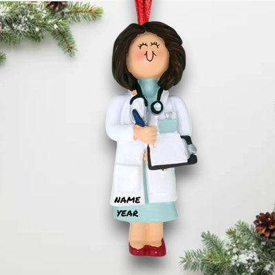 Personalized Brown Female Doctor Christmas Ornament with Stethoscope and Clipboard – Custom Name and Year Resin Ornament