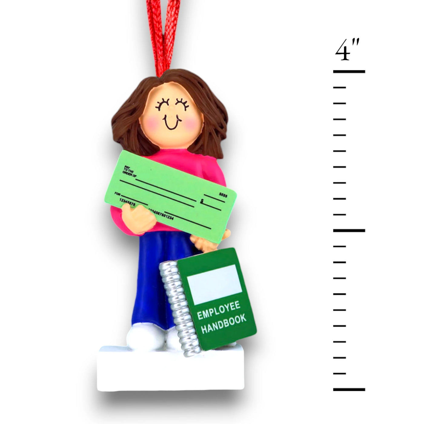 Personalized Brown Female First New Job Ornament with Check and Employee Handbook – Custom Name, Year, and Company Resin Ornament