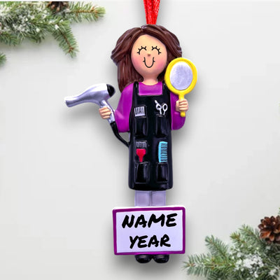 Personalized Brown Female Hair Stylist Christmas Ornament with Hair Dryer and Tools – Custom Name and Year Resin Ornament

