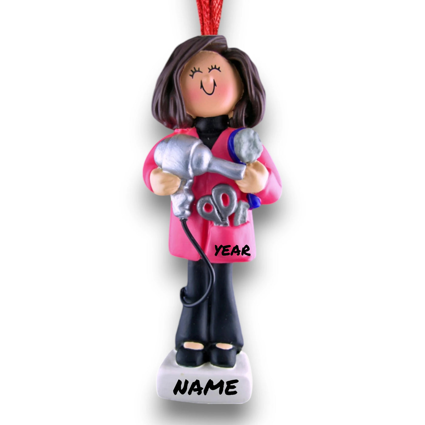 Personalized Brown Female Hairdresser Christmas Ornament with Blow Dryer and Scissors – Custom Name and Year Resin Ornament