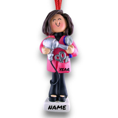 Personalized Brown Female Hairdresser Christmas Ornament with Blow Dryer and Scissors – Custom Name and Year Resin Ornament