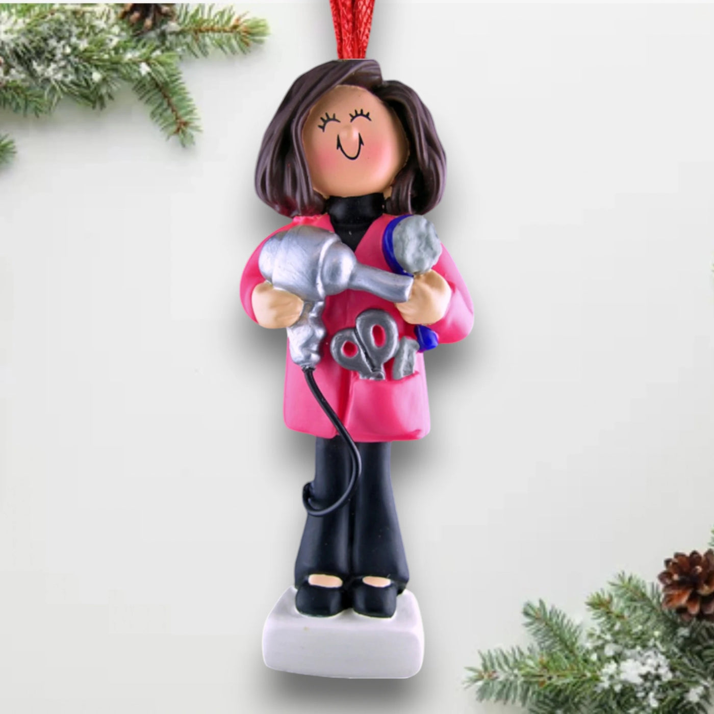 Personalized Brown Female Hairdresser Christmas Ornament with Blow Dryer and Scissors – Custom Name and Year Resin Ornament