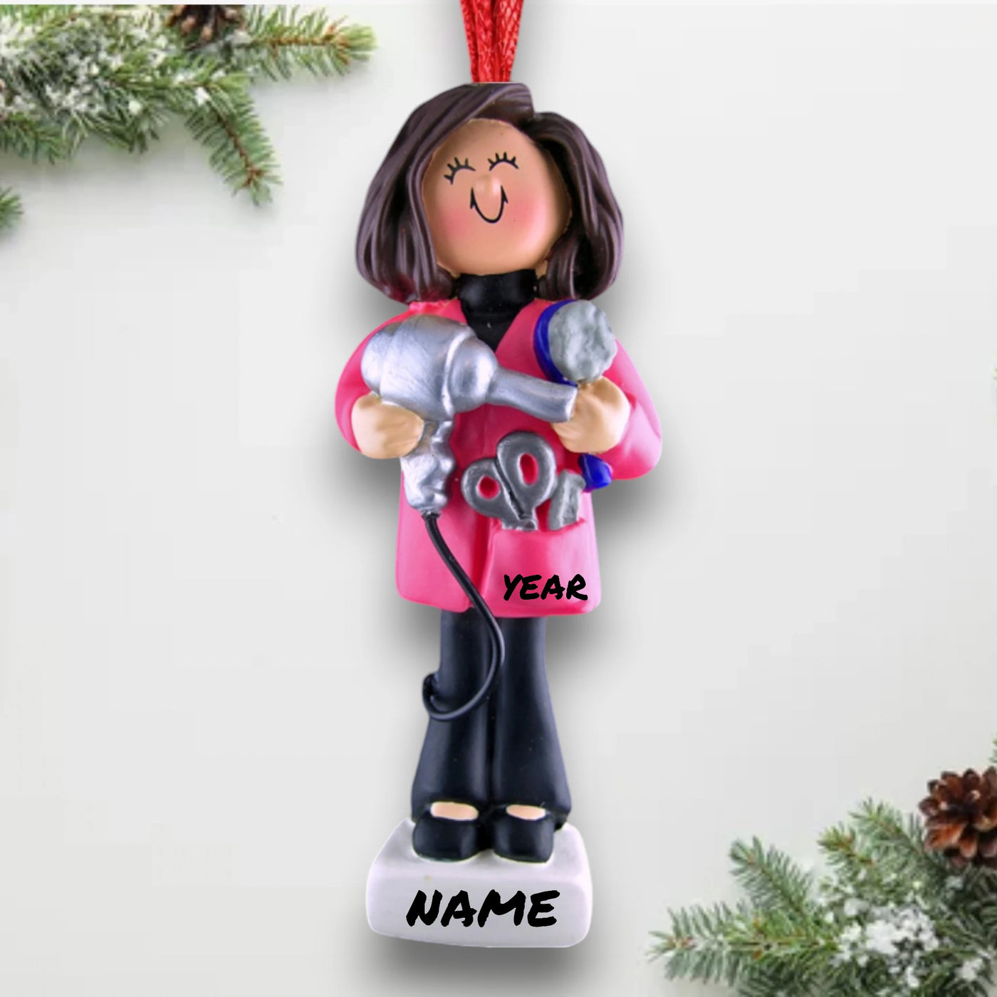 Personalized Brown Female Hairdresser Christmas Ornament with Blow Dryer and Scissors – Custom Name and Year Resin Ornament