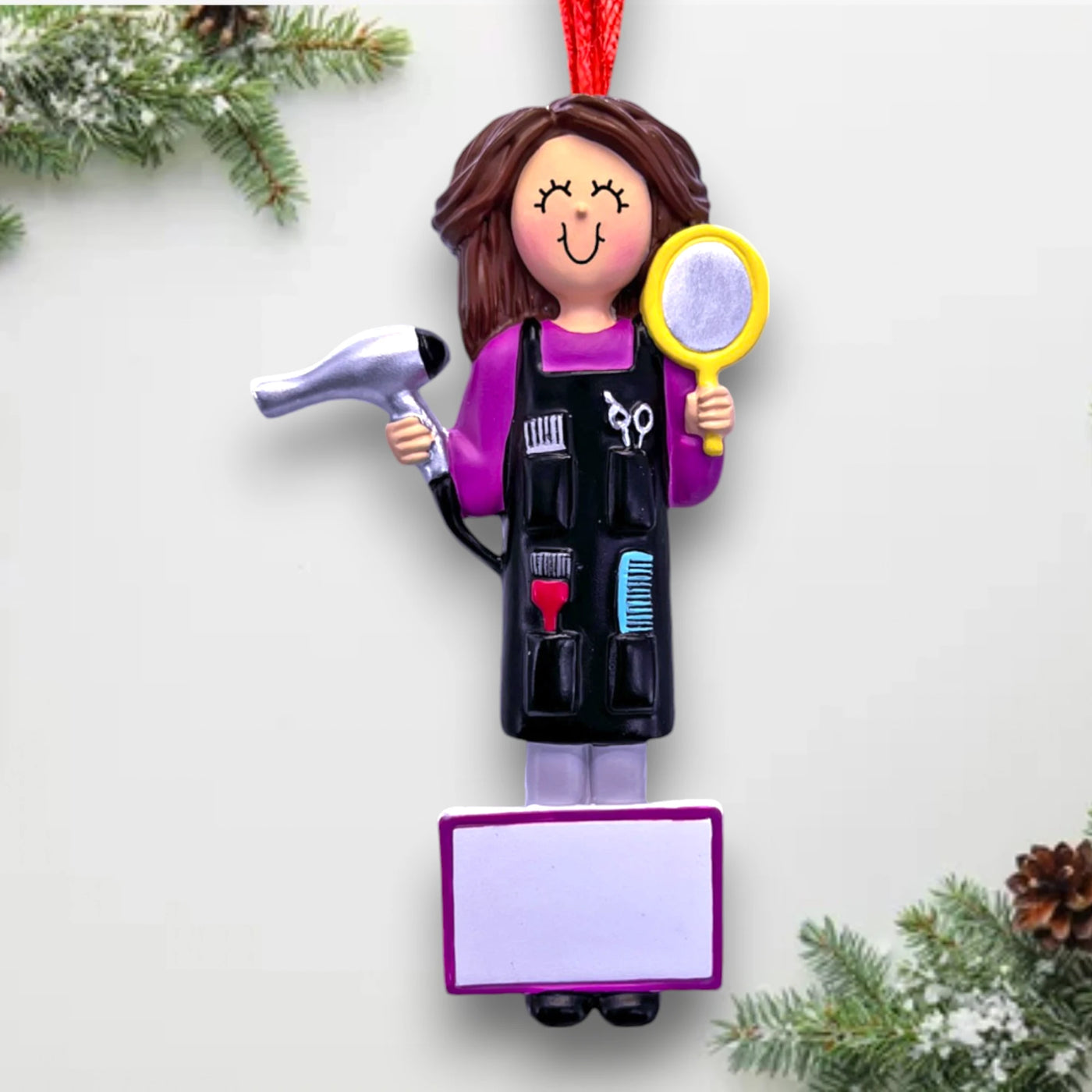 Personalized Brown Female Hair Stylist Christmas Ornament with Hair Dryer and Tools – Custom Name and Year Resin Ornament

