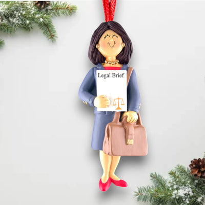 Personalized Brown Female Lawyer Christmas Ornament with Legal Brief and Briefcase – Custom Name and Year Resin Ornament