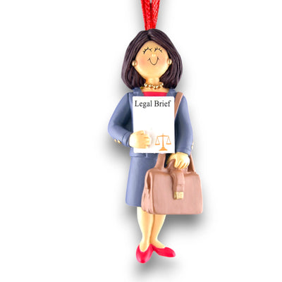 Personalized Brown Female Lawyer Christmas Ornament with Legal Brief and Briefcase – Custom Name and Year Resin Ornament