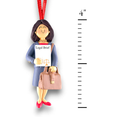 Personalized Brown Female Lawyer Christmas Ornament with Legal Brief and Briefcase – Custom Name and Year Resin Ornament